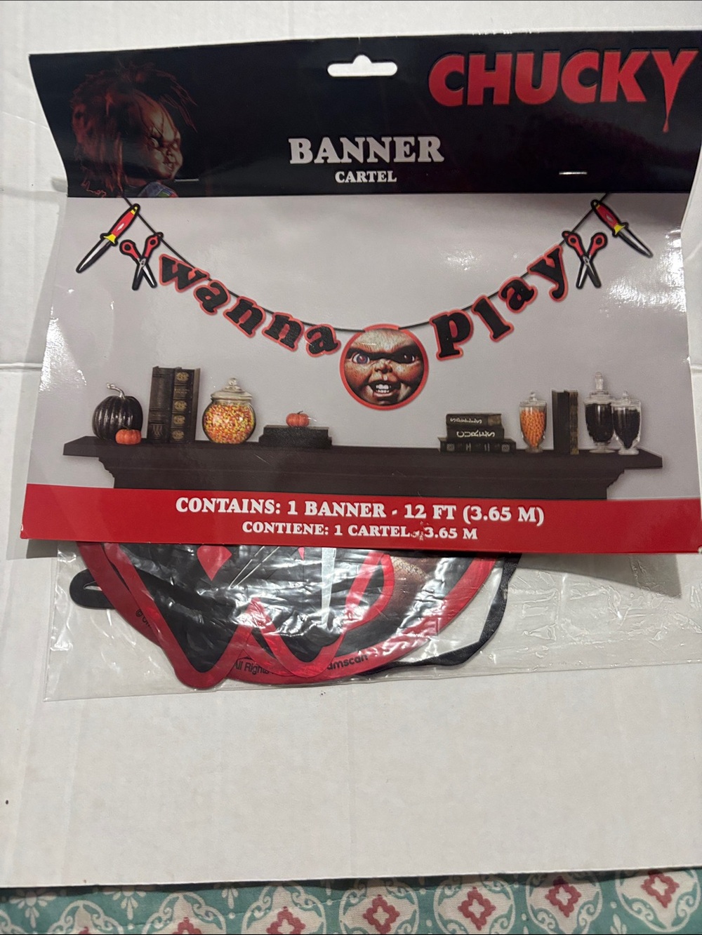 Chucky 'Wanna Play' Banner - Black and Red Halloween Party Decor